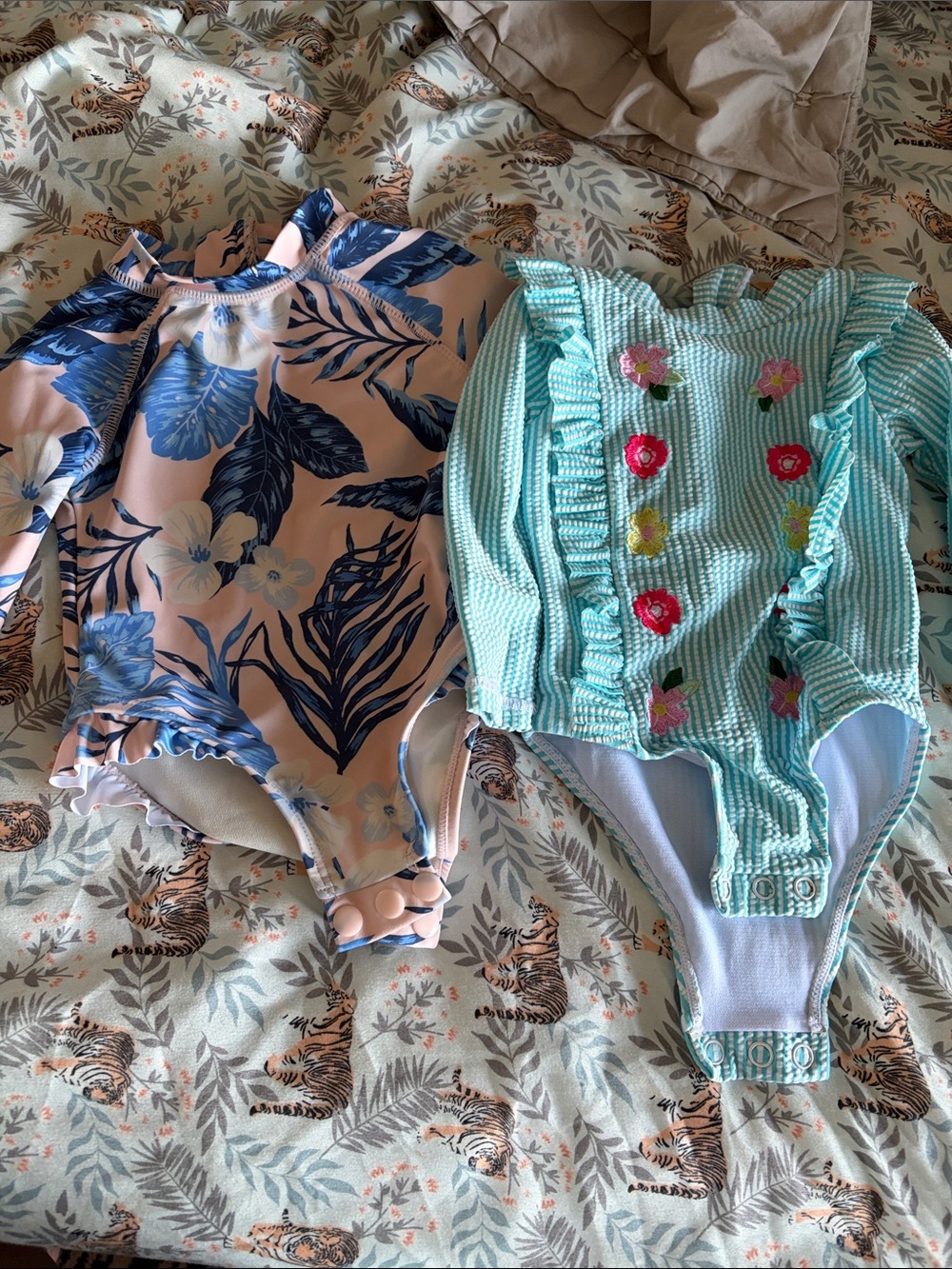 Floral & Mint Long-Sleeve One-Piece Swimsuits - Blue & Mint - 12 months